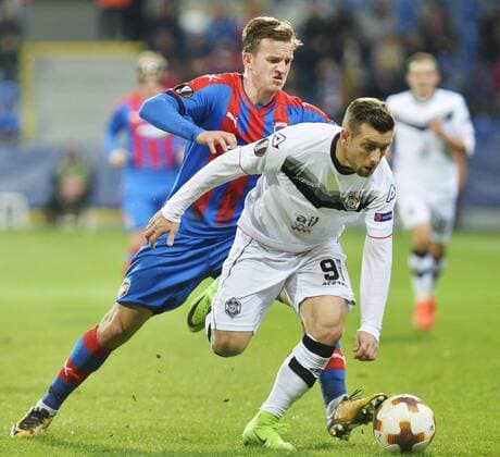From left JAN KOPIC of the Czech football team Viktoria Plzen and DRAGAN MIHAJLOVIC of Lugano in action during the match Swiss Lugano vs Viktoria Plzen in the 4th round of the Europa League in Group G in Pilsen, Czech Republic, November 2, 2017. (CTKxPhoto MiroslavxChaloupka) CTKPhotoP201711021198101  cha06
