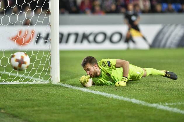 Goalie of Lugano DAVID DA COSTA receives a goal during the match Swiss Lugano vs Viktoria Plzen in the 4th round of the Europa League in Group G in Pilsen, Czech Republic, November 2, 2017. (CTKxPhoto MiroslavxChaloupka) CTKPhotoP201711021201901  cha06