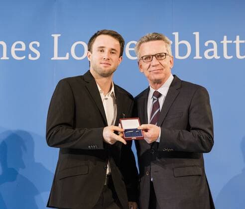 Ceremony with Federal Minister of the Interior Eric Weber World Champion Model Flight Thomas de Maiziere hands over 46 athletes the Silver Laurel Leaf the highest state award for sporting excellence in Germany Eric Weber Thomas de Maiziere