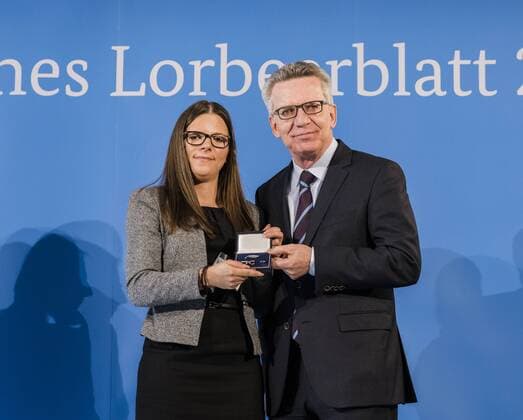 Ceremony with Federal Minister of the Interior Jasmin Ehm World Champion Mini Golf Thomas de Maiziere presents 46 athletes the Silver Laurel Leaf the highest state award for sporting excellence in Germany Jasmin Ehm Thomas de Maiziere