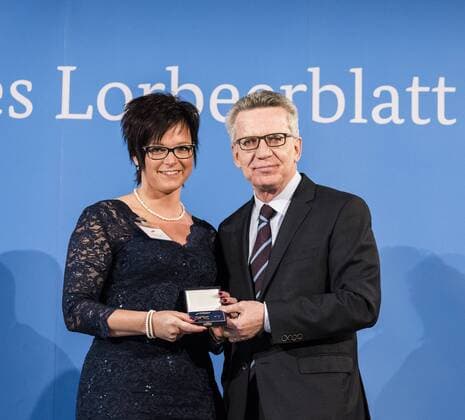 Celebration with Federal Minister of the Interior Renate Schwindler World Champion curling Thomas de Maiziere hands over 46 athletes the Silver Laurel Leaf the highest state award for sporting excellence in Germany Renate Schwindler Thomas de Maiziere