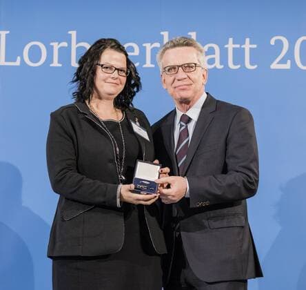 Ceremony with the Federal Minister of the Interior Marlen Fallak World Champion 2016 Reiter Einspänner Fahr Thomas de Maiziere hands over 46 athletes the Silver Laurel Leaf the highest state award for sporting excellence in Germany Marlen Fallak Thomas de Maiziere
