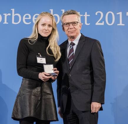 Ceremony with Federal Minister of the Interior Julia Dammer World Champion Kaarst 2014 Rider vaulting group Thomas de Maiziere hands over 46 athletes the Silver Laurel Leaf the highest state award for top sporting performance in Germany Julia Dammer Thomas de Maiziere