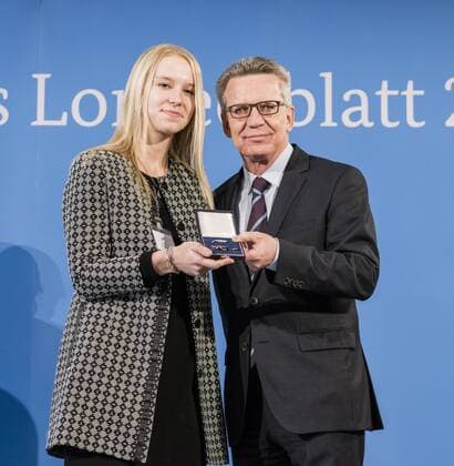 Ceremony with Federal Minister of the Interior Milena Hiemann World Champion Kaarst 2014 Equestrian Vaulting Group Thomas de Maiziere hands over 46 athletes the Silver Laurel Leaf the highest state award for sporting excellence in Germany Milena Hiemann Thomas de Maiziere