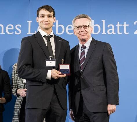 Ceremony with the Federal Minister of the Interior Johannes Kay Reiter Vaulting Group World Champion Neuss 2014 Thomas de Maiziere hands over 46 athletes the Silver Laurel Leaf the highest state award for sporting excellence in Germany Johannes Kay Thomas de Maiziere