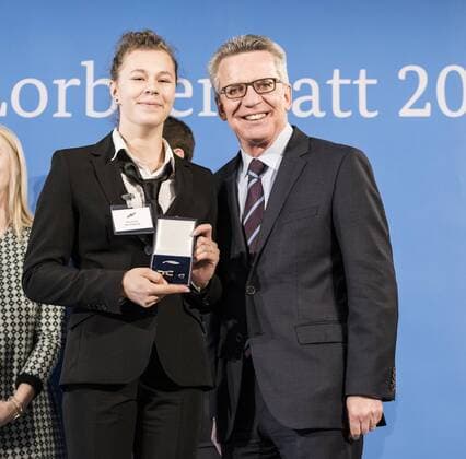 Ceremony with Federal Minister of the Interior Mona Pavetic Reiter Vaulting Group World Champion Neuss 2014 Team Thomas de Maiziere presents 46 athletes the Silver Laurel Leaf the highest state award for top sporting performance in Germany Mona Pavetic Thomas de Maiziere