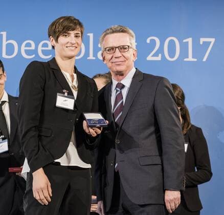 Ceremony with the Federal Minister of the Interior Elisabeth Simon Vaulting Group World Champion Neuss 2014 Team Thomas de Maiziere hands over 46 athletes the Silver Laurel Leaf the highest state award for sporting excellence in Germany Elisabeth Simon Thomas de Maiziere