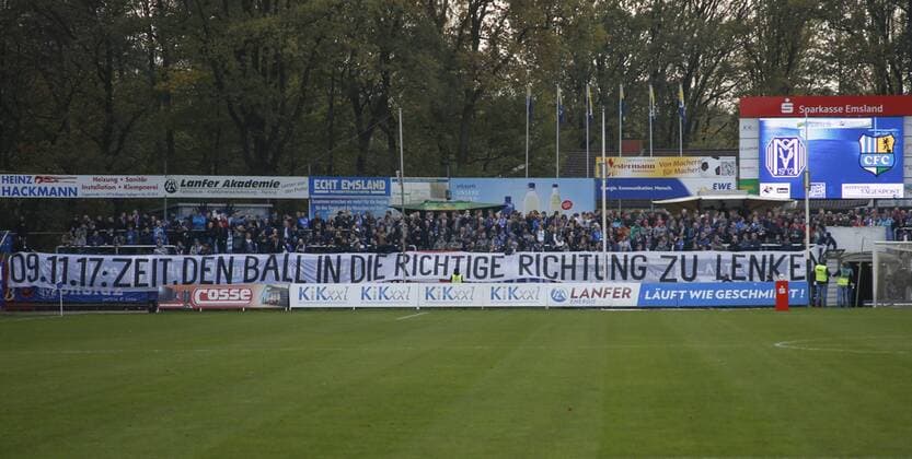 04 11 2017 Hänsch Arena Meppen GER Soccer 3 Liga SV Meppen Chemnitzer FC SVM Fans show banner 09 11 17 Time to steer the ball in the right direction Meppen Niedersachsen Germany Hänsch Arena