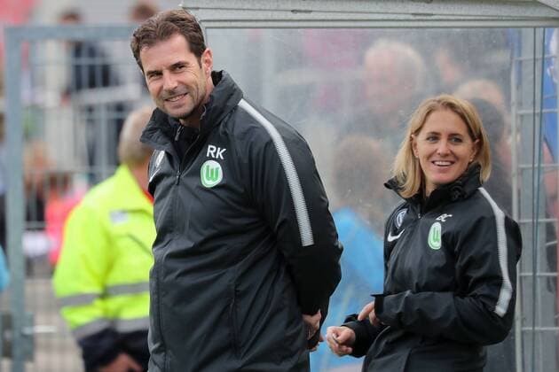 Ralf Kellermann Sporting Director VfL Wolfsburg Britta Carlson Co Manager VfL Wolfsburg Joy friendly happy bright optimistic Soccer Allianz Women Bundesliga SC Freiburg VfL Wolfsburg xozx