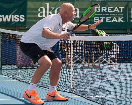 November 4, 2017 - Delray Beach, Florida, US - LUKE JENSEN, Tennis Coach and ambidextrous former.tennis pro in action on court at the Delray Beach Stadium and Tennis Center in Florida during the 2017 Chris Evert Raymond James Pro-Celebrity Tennis Classic. Chris Evert Charities has raised more than $23 million in an ongoing campaign for Florida s most at-risk children. Jensen at 2017 Chris Evert Pro-Celebrity Ternnis Classic - ZUMAd84_ 20171104_zaf_d84_006 Copyright: xArnoldxDrapkinx