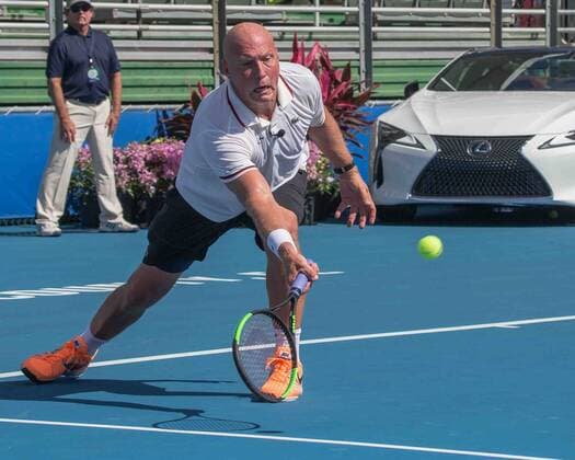 November 4, 2017 - Delray Beach, Florida, US - LUKE JENSEN, Tennis Coach and ambidextrous former.tennis pro in action on court at the Delray Beach Stadium and Tennis Center in Florida during the 2017 Chris Evert Raymond James Pro-Celebrity Tennis Classic. Chris Evert Charities has raised more than $23 million in an ongoing campaign for Florida s most at-risk children. Jensen at 2017 Chris Evert Pro-Celebrity Ternnis Classic - ZUMAd84_ 20171104_zaf_d84_040 Copyright: xArnoldxDrapkinx