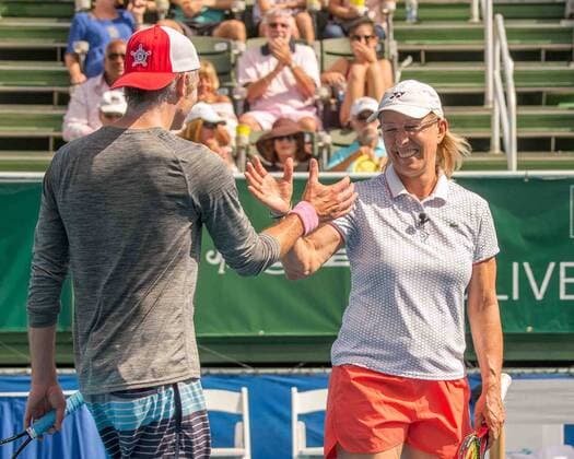 November 4, 2017 - Delray Beach, Florida, US - Actor TIMOTHY OLYPHANT and Tennis Legend MARTINA NAVRATILOVA in action on court at the Delray Beach Stadium and Tennis Center in Florida during the 2017 Chris Evert Raymond James Pro-Celebrity Tennis Classic. Chris Evert Charities has raised more than $23 million in an ongoing campaign for Florida s most at-risk children. Navratilova & Olyphant at 2017 Chris Evert Pro-Celebrity Ternnis Classic - ZUMAd84_ 20171104_zaf_d84_054 Copyright: xArnoldxDrapkinx