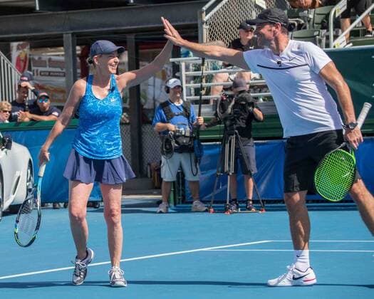 November 4, 2017 - Delray Beach, Florida, US - Actor, Director and screen-writer SCOTT FOLEY and Tennis Legend CHRIS EVERT hi-five on court at the Delray Beach Stadium and Tennis Center in Florida during the 2017 Chris Evert Raymond James Pro-Celebrity Tennis Classic. Chris Evert Charities has raised more than $23 million in an ongoing campaign for Florida s most at-risk children Foley & Evert at 2017 Chris Evert Pro-Celebrity Ternnis Classic - ZUMAd84_ 20171104_zaf_d84_057 Copyright: xArnoldxDrapkinx