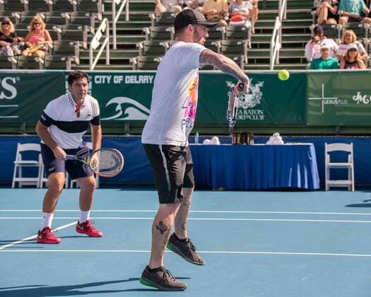 November 4, 2017 - Delray Beach, Florida, US - Tennis Coach SEBASTIEN GROSJEAN (left) and Musician JORDAN McGRAW on court at the Delray Beach Stadium and Tennis Center in Florida during the 2017 Chris Evert Raymond James Pro-Celebrity Tennis Classic. Chris Evert Charities has raised more than $23 million in an ongoing campaign for Florida s most at-risk children Grosjean & Jordan McGraw at 2017 Chris Evert Pro-Celebrity Ternnis Classic - ZUMAd84_ 20171104_zaf_d84_058 Copyright: xArnoldxDrapkinx