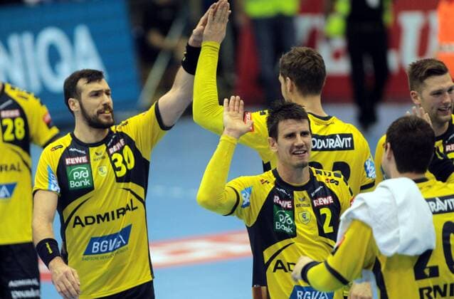 05.11.2017 Szeged(Hungary) Mol Pick Szeged-Rhein Neckar Löwen EHF Champions League men s handball Gedeon Guardiola(2L) with Andre Schmid(c) and Harald Reinkind (r) Rhein Neckar Löwen celebrate victory after match : 