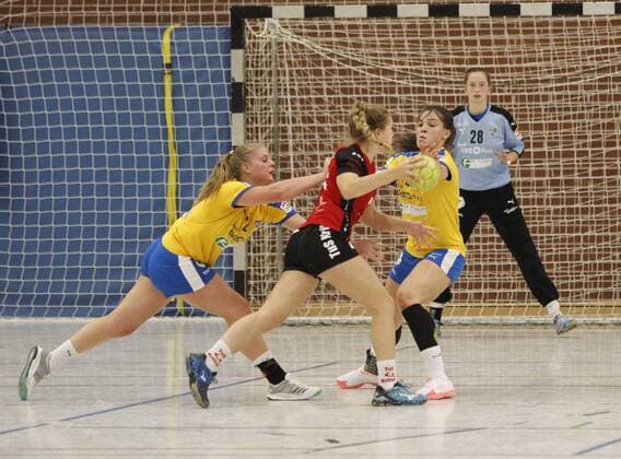 Germany Kriftel 05 11 2017 Handball Hessen 3 League West Women Season 2017 2018 TuS Kriftel red HC Leipzig yellow v Leonie Rauschenbach Leipzig Leah Rosenbaum TuS Kriftel Lucie Mari Kretzschmar Leipzig Sport TuS Kriftel HC Leipzig