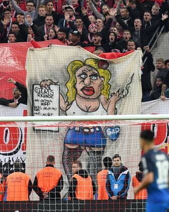Soccer 1 BL Season 2017 2018 Gameday 11 1 FC Koeln vs TSG 1899 Hoffenheim 05 11 2017 Rheinenergiestadion Cologne 1 FC Koeln Fans cartoon against Hoffenheim Boss Dietmar Hopp