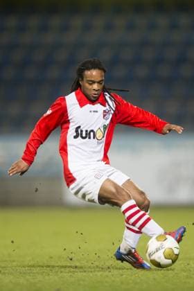 EINDHOVEN FC Eindhoven FC Emmen Football Jupiler league Season 2012 2013 12 04 2013 Jan Louwers Stadium FC Emmen player Marvin Wijks Eindhoven emmen