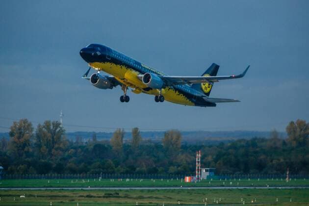 DEU Germany North Rhine Westphalia Dusseldorf 27 10 2017 Dusseldorf Airport Dusseldorf airport registration D AIZR Eurowings Airbus A320 214 painted in Borussia Dortmund special colors Crew Airbus