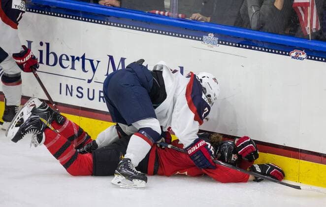 November 8, 2017 - Florida, U.S. - LOREN ELLIOTT Times .Canada s Emily Clark hits the ice hard as the United States Cayla Barnes comes down on top of her during the second period of a Four Nations Cup hockey game between the U.S. Womeno¢s national team Nationalteam and Canada at Florida Hospital Center Ice in Wesley Chapel, Fla., on Wednesday, Nov. 8, 2017. Women s Hockey 2017: Four Nations Cup - ZUMAs70_ 20171108_zan_s70_029 Copyright: xLorenxElliottx