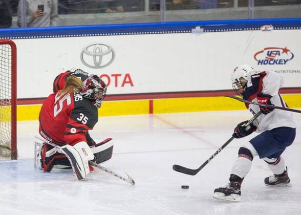 November 8, 2017 - Florida, U.S. - LOREN ELLIOTT Times .Canada goaltender Ann-Renee Desbiens (35) makes a save on a shot by the United States Brianna Decker during the second period of a Four Nations Cup hockey game between the U.S. Womeno¢s national team Nationalteam and Canada at Florida Hospital Center Ice in Wesley Chapel, Fla., on Wednesday, Nov. 8, 2017. Women s Hockey 2017: Four Nations Cup - ZUMAs70_ 20171108_zan_s70_030 Copyright: xLorenxElliottx