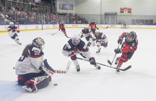 November 8, 2017 - Florida, U.S. - LOREN ELLIOTT Times .Canada s Laura Fortino (8) takes a shot and has it blocked by United States goaltender Maddie Rooney (35) during the second period of a Four Nations Cup hockey game between the U.S. Womeno¢s national team Nationalteam and Canada at Florida Hospital Center Ice in Wesley Chapel, Fla., on Wednesday, Nov. 8, 2017. Women s Hockey 2017: Four Nations Cup - ZUMAs70_ 20171108_zan_s70_032 Copyright: xLorenxElliottx
