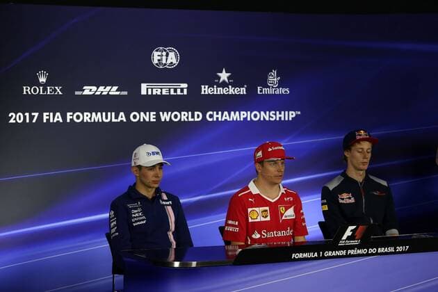 09.11.2017 - press conference PK Pressekonferenz Esteban Ocon (FRA) Sahara Force India F1 VJM10, Kimi Raikkonen (FIN) Scuderia Ferrari SF70H and Brendon Hartley (NZL) Scuderia Toro Rosso STR12 Brazilian Grand Prix, Sao Paulo, Interlagos 9 - 12 November 2017 09.11.2017 - Press conference, Esteban Ocon (FRA) Sahara Force India F1 VJM10, Kimi Raikkonen (FIN) Scuderia Ferrari SF70H and Brendon Hartley (NZL) Scuderia Toro Rosso STR12 