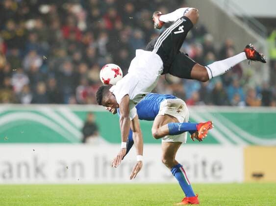 Germany Italy Football U20 International Chemnitz 09 11 2017 community4you Arena Football U20 International Germany vs Italy Pictured v l Alessandro Rossi U20 Italy v Frederic Ananou U20 GER Roda Kerkrade injures his shoulder