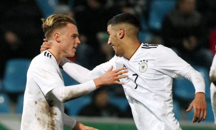 GER Internationals U20 Germany Italy 09 11 17 Chemnitz community4you Arena Stadium at the Gellertstrasse GER Season 2017 2018 U20 Germany vs Italy at the picture Torjubel Robin Hack and Aymen Barkok Germany after the gate to the 1 2 by Robin Hack