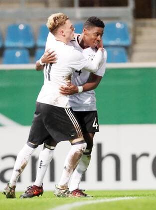 Germany Italy Soccer U20 International Match Chemnitz 09 11 2017 community4you Arena Soccer U20 International Germany vs Italy Goal for Germany Torjubel after scoring for 2 1 goalscorer Robin Hack U20 GER Hoffenheim with Frederic Ananou re U20 GER Roda Kerkrade