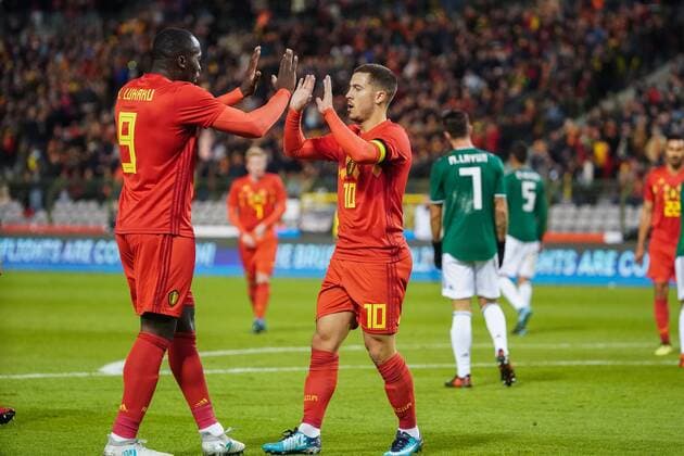 Fußball, Belgien - Mexiko Belgium s Eden Hazard (R) celebrates with teammate Romelu Lukaku after scoring during a friendly soccer game between Belgian national team Nationalteam Red Devils and Mexico, Friday 10 November 2017, in Brugge. BRUNOxFAHY  x05197926x