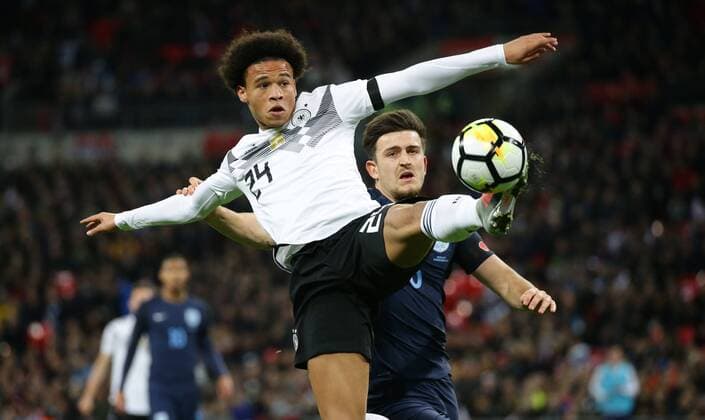 London Soccer Internationals England vs Germany from left Leroy Sane GER Harry Maguire ENG