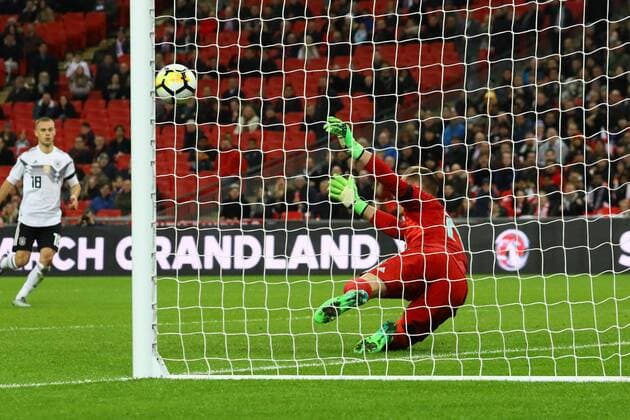 Great header opportunity for Jamie Vardy England defeated by Marc Andre ter Stegen Germany Germany 10 11 2017 England vs Germany Friendly Match Wembley Stadium