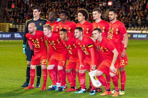 (BL-R) goalkeeper Thibaut Courtois of Belgium, Romelu Lukaku of Belgium, Dedryck Boyata of Belgium, Axel Witsel of Belgium, Thomas Meunier of Belgium, Nacer Chadli of Belgium (FL-R) Laurent Ciman of Belgium, Kevin de Bruyne of Belgium, Youri Tielemans of Belgium, Eden Hazard of Belgium, Thomas Vermaelen of Belgium during the friendly match between Belgium and Mexico on November 10, 2017 at the Koning Boudewijn stadium in Brussels, Belgium. Friendly match 2017 2018 xVIxVIxImagesx xGerritxvanxKeulenxIVx 9259718
