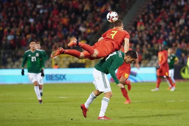 Belgium s Thomas Vermaelen and Mexico s Raul Jimenez fight for the ball during a friendly soccer game between Belgian national team Nationalteam Red Devils and Mexico, Friday 10 November 2017, in Brugge. BRUNOxFAHY  x05198147x