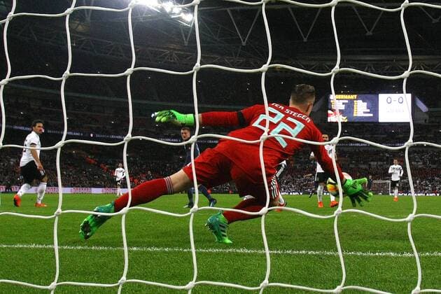 England v Germany International Friendly L?nderspiel Marc-Andre ter Stegen of Germany makes a great save from a header by Jamie Vardy of England during the International Friendly match at Wembley Stadium, London Content Not Available For UK Newspapers Copyright: xPaulxChestertonx FIL-10924-0029