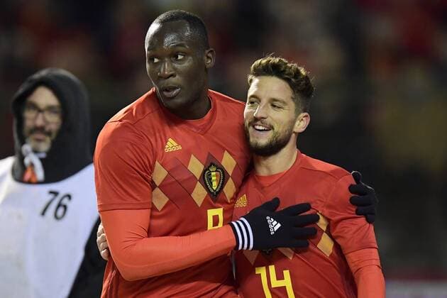 Romelu Lukaku forward of Belgium celebrates scoring a goal with teammate Dries Mertens FOOTBALL : Belgique vs Mexique - Amical - Bruxelles - 10 11 2017 PhotoNews Panoramic  775065357