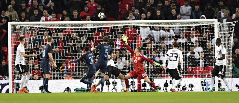 London Wembley 10 11 2017 John Stones ENG misses Marc Andre ter Stegen Germany England vs Germany