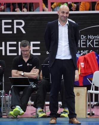 Volleyball 1 Bundesliga Season 2017 2018 Test match TV Rottenburg Volley Bisons Buehl 11 11 2017 TV Rottenburg Disappointment Coach Hans Peter Mueller Angstenberger re and co coach Karsten Haug li Rottenburg