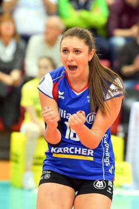 Volleyball DVV Cup Womens Alliance MTV Stuttgart vs Ladies in Black 11 November 2017 DVV Cup Womens Eighth Finals Season 2017 18 Allianz MTV Stuttgart in blue against Ladies in Black in black Michaela Mlejnkova 16 PHOTO TOM BLOCH xtbx