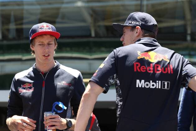 12.11.2017 - Brendon Hartley (NZL) Scuderia Toro Rosso STR12 and Max Verstappen (NED) Red Bull Racing RB13 Brazilian Grand Prix, Sao Paulo, Interlagos 9 - 12 November 2017 12.11.2017 - Brendon Hartley (NZL) Scuderia Toro Rosso STR12 and Max Verstappen (NED) Red Bull Racing RB13 