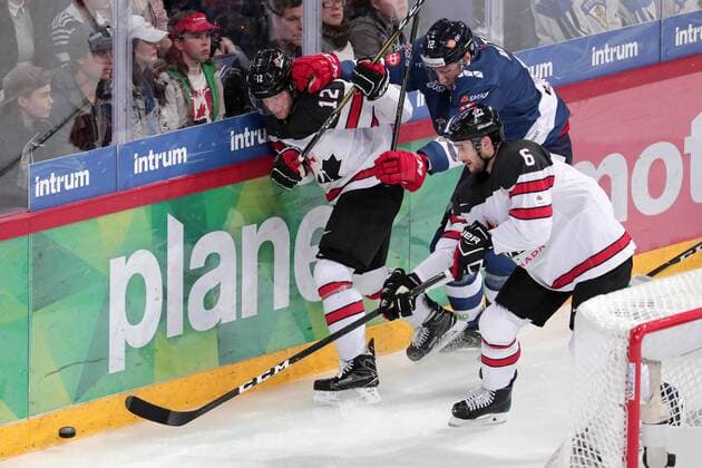 Geoff Kinrade 12, Canada, Marko Anttila 12, Finland and Maxim Noreau 6, Canada during their Icehockey Karjala tournament Finland - Canada match in Hartwall Arena 12. November 2017 in Helsinki, Finland.  Copyright: xMattixMatikainenx NP24_00020387