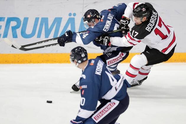 Antti Erkinjuntti 74, Finland and Rene Bourque 17, Canada during their Icehockey Karjala tournament Finland - Canada match in Hartwall Arena 12. November 2017 in Helsinki, Finland.  Copyright: xMattixMatikainenx NP24_00020391