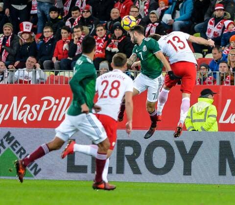 Fußball, Polen - Mexiko Poland vs Mexico Friendly game Poland vs Mexico on November 13, 2017 in Gdansk, Poland. In the picture: Miguel Layun (7) , Maciej Rybus (13)  EN_01289578_0006