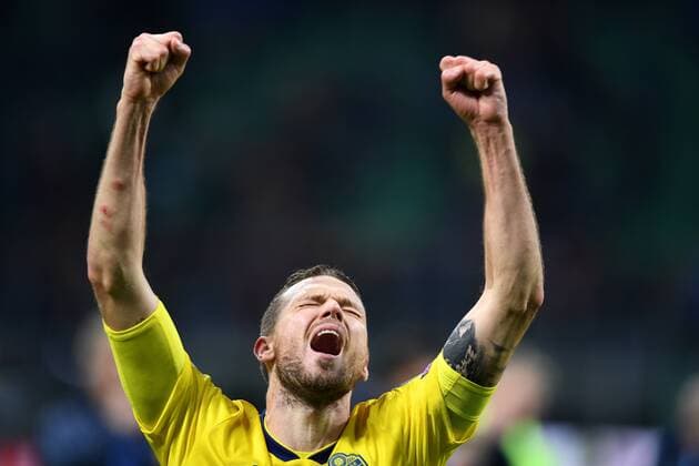 Fußball, WM Playoffs, Italien - Schweden 171113 Sveriges Marcus Berg jublar efter fotbollsmatchen i VM-kvalets play-off mellan Italien och Sverige den 13 november 2017 i Milano.  Copyright: PETTERxARVIDSON BB171113PA065