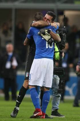 Milan, Italy - November 13: Disappointment italian players,Buffon Bonucci, at end of the FIFA 2018 World Cup Qualifier Play-off match Italy vs Sweden at Meazza Stadium on November 13, 2017 in Milan, Italy.  Copyright: xmarcoxiacobuccix xIPAx xMarcoxIacobuccix