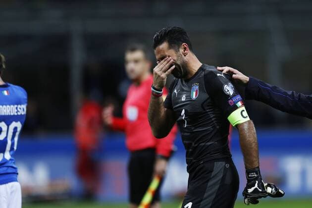 Italy s goalkeeper Gianluigi Buffon reacts after the final whistle in the 2018 Russia World Cup play-off 2nd leg between Italy 0-0 Sweden at the San Siro Stadium on November 13, 2017, in Milan, Italy. Sweden held Italy to a scoreless draw and qualified for the 2018 World Cup in Russia by virtue of a 1-0 victory in the first-leg. Noxthirdxpartyxsales  (oqma024339)