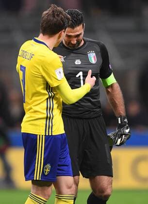 (171114) -- MILAN, Nov. 14, 2017 -- Gianluigi Buffon (R) of Italy reacts after the second leg of World Cup 2018 Qualifiers playoff match between Italy and Sweden in Milan, Italy, Nov. 13, 2017. The match ended 0-0. Sweden was qualified for the final stage of 2018 FIFA World Cup WM Weltmeisterschaft Fussball with 1-0 on aggregate. ) (SP)ITALY-MILAN-FOOTBALL-FIFA WORLD CUP QUALIFIER-ITALY VS SWEDEN AlbertoxLingria 