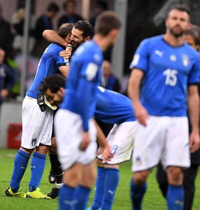 (171114) -- MILAN, Nov. 14, 2017 -- Gianluigi Buffon (2nd L) of Italy reacts after the second leg of World Cup 2018 Qualifiers playoff match between Italy and Sweden in Milan, Italy, Nov. 13, 2017. The match ended 0-0. Sweden was qualified for the final stage of 2018 FIFA World Cup WM Weltmeisterschaft Fussball with 1-0 on aggregate. ) (SP)ITALY-MILAN-FOOTBALL-FIFA WORLD CUP QUALIFIER-ITALY VS SWEDEN AlbertoxLingria 