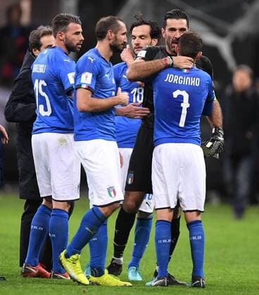 (171114) -- MILAN, Nov. 14, 2017 -- Players of Italy react after the second leg of World Cup 2018 Qualifiers playoff match between Italy and Sweden in Milan, Italy, Nov. 13, 2017. The match ended 0-0. Sweden was qualified for the final stage of 2018 FIFA World Cup WM Weltmeisterschaft Fussball with 1-0 on aggregate. ) (SP)ITALY-MILAN-FOOTBALL-FIFA WORLD CUP QUALIFIER-ITALY VS SWEDEN AlbertoxLingria 